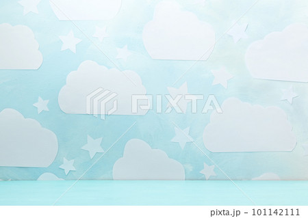 Wooden table near wall with blue sky. Idea for baby room interior Wooden table near wall with blue sky. Idea for baby room interior 101142111