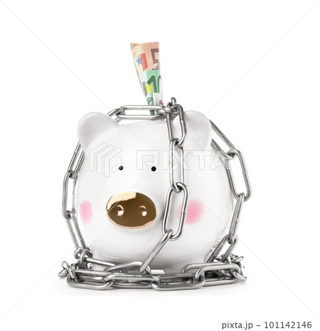 Piggy bank with steel chain and banknotes isolated on white. Money safety concept Piggy bank with steel chain and banknotes isolated on white. Money safety concept 101142146