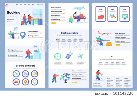 Booking service flat landing page. Online air tickets booking, tour agency corporate website design. Web banner template with header, middle content, footer. Vector illustration with people characters 101142226