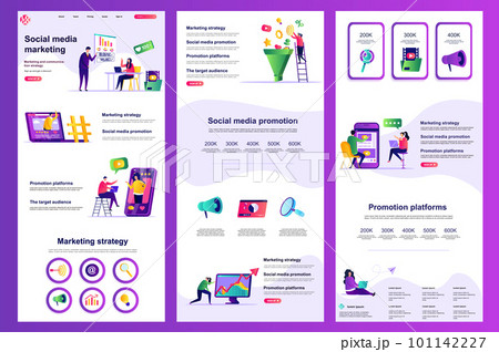 Social media marketing flat landing page. Marketing strategy, promotion platform corporate website design. Web banner with header, middle content, footer. Vector illustration with people characters. 101142227