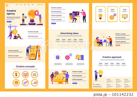 Creative agency flat landing page. Idea generation, design and creativity corporate website design. Web banner template with header, middle content, footer. Vector illustration with people characters. 101142232