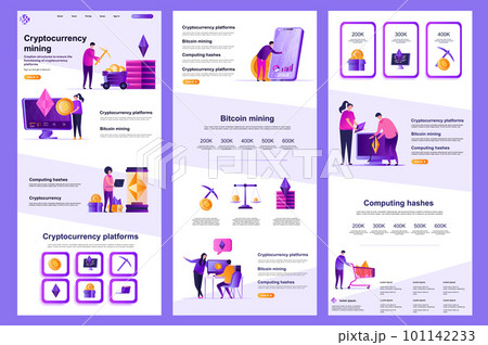 Cryptocurrency mining flat landing page. Cryptocurrency platform, bitcoin mining corporate website design. Web banner with header, middle content, footer. Vector illustration with people characters. 101142233