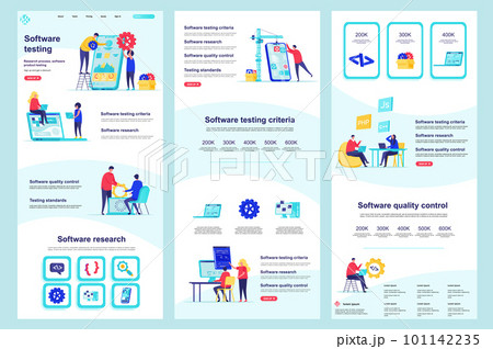 Software testing flat landing page. Programs debugging and optimization corporate website design. Web banner template with header, middle content, footer. Vector illustration with people characters. 101142235