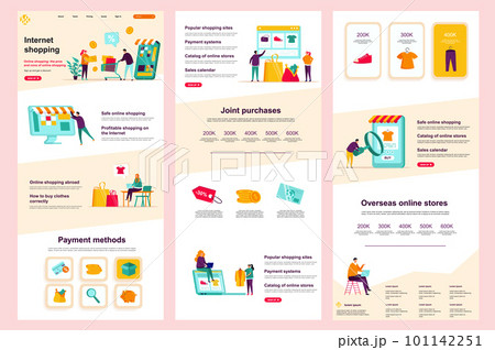 Internet shopping flat landing page. Online marketplace, e-commerce corporate website design. Web banner template with header, middle content and footer. Vector illustration with people characters. Internet shopping flat landing page. Online marketplace, e-commerce corporate website design. Web banner template with header, middle content and footer. Vector illustration with people characters. 101142251