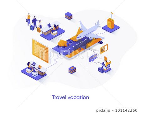 Travel vacation isometric web banner. Tour agency service isometry concept. Trip organization, online check-in and flight booking solution 3d scene design. Vector illustration with people characters. Travel vacation isometric web banner. Tour agency service isometry concept. Trip organization, online check-in and flight booking solution 3d scene design. Vector illustration with people characters. 101142260