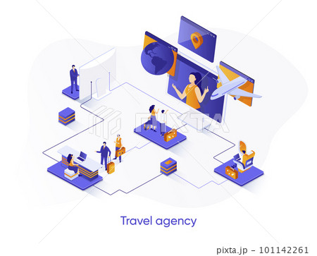 Travel agency isometric web banner. Tour operator isometry concept. Online booking service, comfortable air transportation 3d scene, airport boarding design. Vector illustration with people characters Travel agency isometric web banner. Tour operator isometry concept. Online booking service, comfortable air transportation 3d scene, airport boarding design. Vector illustration with people characters 101142261