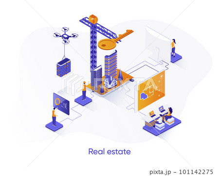 Real estate isometric web banner. Engineering and construction company isometry concept. Real estate agency, building development business 3d scene design. Vector illustration with people characters. 101142275