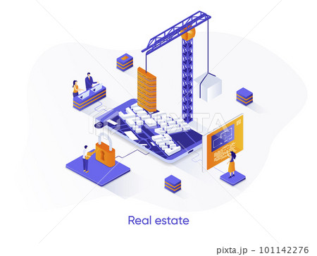 Real estate isometric web banner. Residential and commercial real estate property isometry concept. Engineering and construction company 3d scene design. Vector illustration with people characters. 101142276
