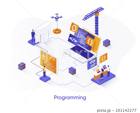 Programming isometric web banner. Full stack software development isometry concept. Engineering and programming 3d scene, outsourcing company service design. Vector illustration with people characters Programming isometric web banner. Full stack software development isometry concept. Engineering and programming 3d scene, outsourcing company service design. Vector illustration with people characters 101142277