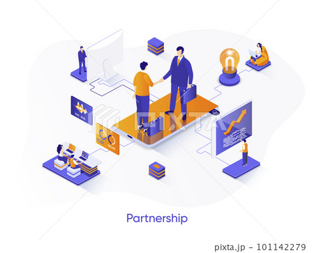 Business partnership isometric web banner. Business collaboration and partners agreement isometry concept. Effective teamwork and communication 3d scene. Vector illustration with people characters. 101142279