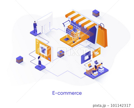 E-commerce isometric web banner. Online shopping platform isometry concept. Customer support 3d scene, purchase order and delivery service flat design. Vector illustration with people characters. 101142317