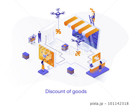 Discount of goods isometric web banner. Seasonal discounting and online shopping isometry concept. Retail advertising 3d scene, sales proposition design. Vector illustration with people characters. Discount of goods isometric web banner. Seasonal discounting and online shopping isometry concept. Retail advertising 3d scene, sales proposition design. Vector illustration with people characters. 101142318