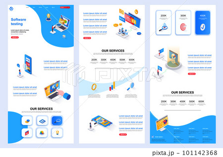 Software testing isometric landing page. Programs debugging and optimization corporate website design template. Web banner template with header, middle content, footer. Isometry vector illustration. Software testing isometric landing page. Programs debugging and optimization corporate website design template. Web banner template with header, middle content, footer. Isometry vector illustration. 101142368