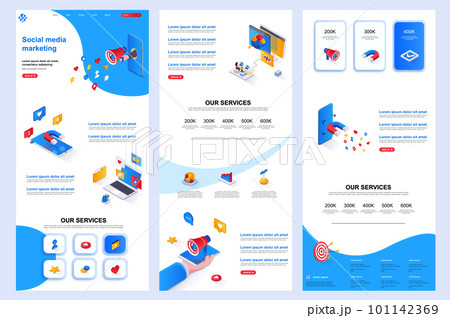 Social media marketing isometric landing page. Marketing strategy, promotion platform corporate website design template. Web banner with header, middle content, footer. Isometry vector illustration. Social media marketing isometric landing page. Marketing strategy, promotion platform corporate website design template. Web banner with header, middle content, footer. Isometry vector illustration. 101142369