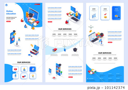 Distance education isometric landing page. Online learning platform corporate website design template. Web banner template with header, middle content, footer. Isometry vector illustration. 101142374