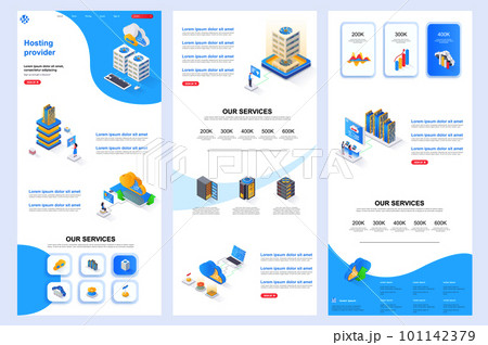 Hosting provider isometric landing page. Database support, cloud data center corporate website design template. Web banner template with header, middle content, footer. Isometry vector illustration. Hosting provider isometric landing page. Database support, cloud data center corporate website design template. Web banner template with header, middle content, footer. Isometry vector illustration. 101142379