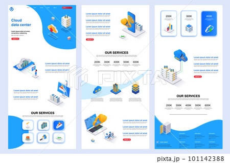 Cloud data center isometric landing page. Database storage, online computing resources corporate website design template. Web banner with header, middle content, footer. Isometry vector illustration. 101142388