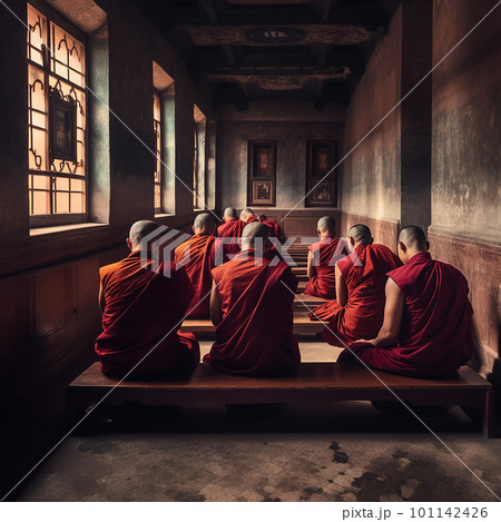 Buddhist monks in red robes pray in the temple 101142426
