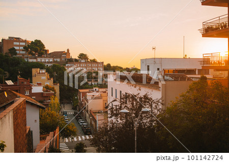 Amazing Sunrise view of city Barcelona, Spain captured during golden hour 101142724