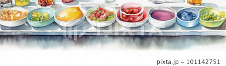 catering concept, row of dishes, watercolor banner illustration isolated on white, AI generative image 101142751