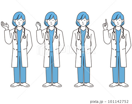 白衣の女性医師　線画　イラストセット 101142752