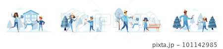 Building snowman bundle of scenes with flat people characters. Building snowman bundle of scenes with flat people characters. 101142985