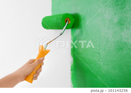 Woman painting white wall with green dye, closeup. Interior renovation 101143256