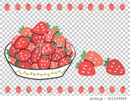 お皿の上に乗った沢山の苺と苺のラインのイラスト 101143944