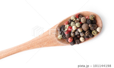Mix of different pepper grains isolated on white, top view Mix of different pepper grains isolated on white, top view 101144198
