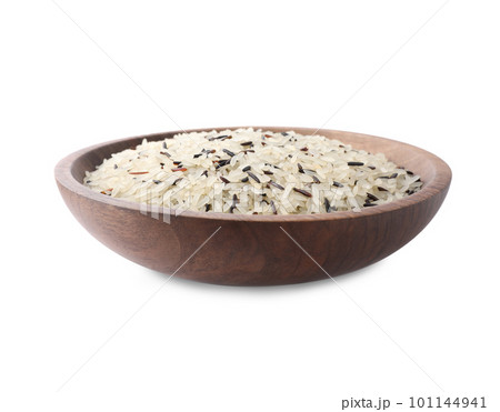 Mix of brown and polished rice in wooden bowl isolated on white Mix of brown and polished rice in wooden bowl isolated on white 101144941