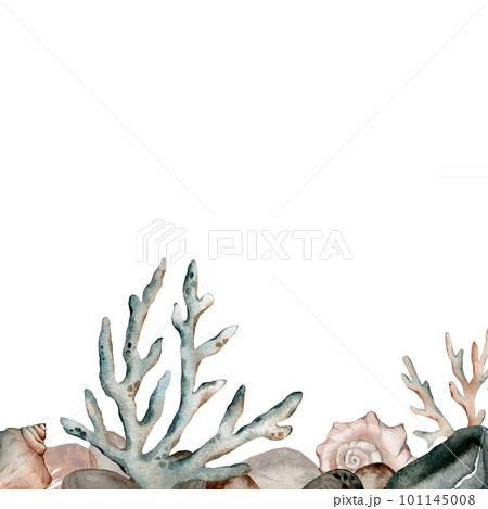 Watercolor banner with stones, illustration. Watercolor sea pebbles. Hand painted underwater illustration. Marine frame. 101145008