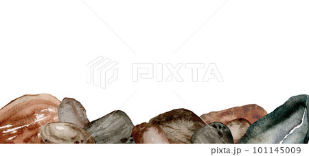 Watercolor banner with stones, illustration. Watercolor sea pebbles. Hand painted underwater illustration. Marine frame. 101145009