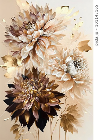 Abstract floral oil painting. Golden pastel blooms on white background. Generative AI 101145165