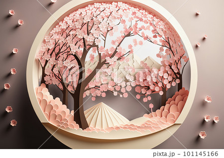 Paper cut spring floral background with blooming cherry blossom tree in circle on pink pastel background. Creative spring design for cards. Generative AI Paper cut spring floral background with blooming cherry blossom tree in circle on pink pastel background. Creative spring design for cards. Generative AI 101145166