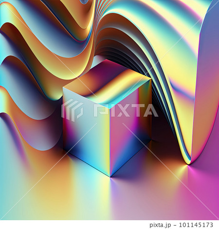Vibrant neon iridescent metallic cube and wave form. Abstract modern luxury banner. Generative AI 101145173