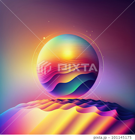 Neon gradient circle shape over sand wave colorful forms. Abstract modern luxury banner. Generative AI 101145175