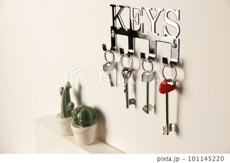 Metal key holder on light wall indoors Metal key holder on light wall indoors 101145220