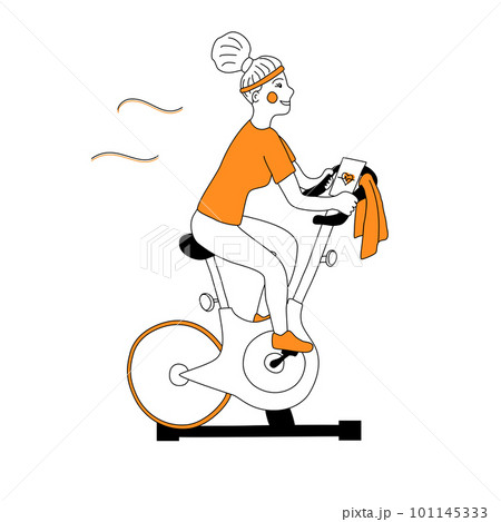 Young woman on bicycle doing spinning sport activities or fitness class, doodle vector icon 101145333