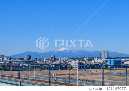 多摩川、丸子橋から見える雪化粧の富士山 101147077