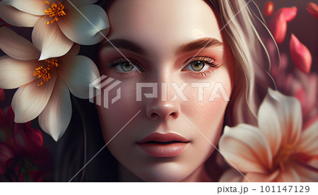 スキンケア・美容イメージの美しい白人の女性と白い花（Generative AI） 101147129