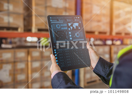 Smart warehouse management system for real time monitoring products storage shipping.  Computer logistics screen showing inventory dashboard stock control software. 101149808