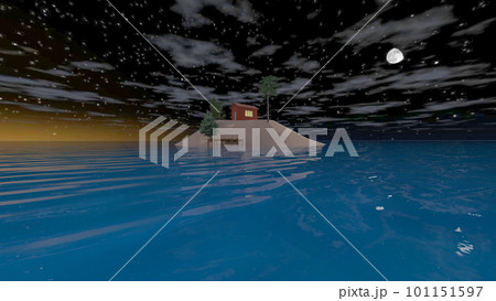 月夜の大海原に浮かぶ小さな孤島の小さな家のイラスト 月夜の大海原に浮かぶ小さな孤島の小さな家のイラスト 101151597