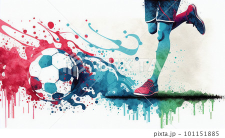 サッカーボールを蹴るサッカー選手 水彩イラスト AI画像のイラスト素材