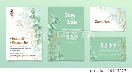 Green flower leaf, watercolor banner, frames set. Card or border with floral wreath, greenery with golden elements, forest garden. Rustic wedding decor. Vector illustration posters template 101152274