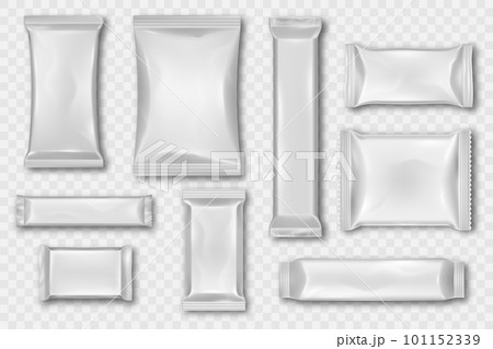 3d package. Chocolate bar pack mockup. White flow of wrapper. Snack pouch. Plastic packet for wafer and biscuit. Realistic candy packaging. Product containers. Vector foil boxes set 101152339