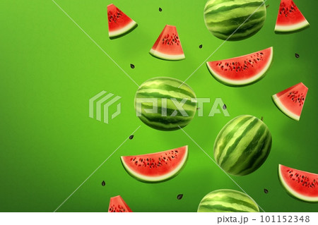 Realistic watermelon slices, juice fruit. Water melon summer yummy flavour, whole or cut sweet food flying. Web banner template, sale background with 3d elements, vector isolated illustration 101152348