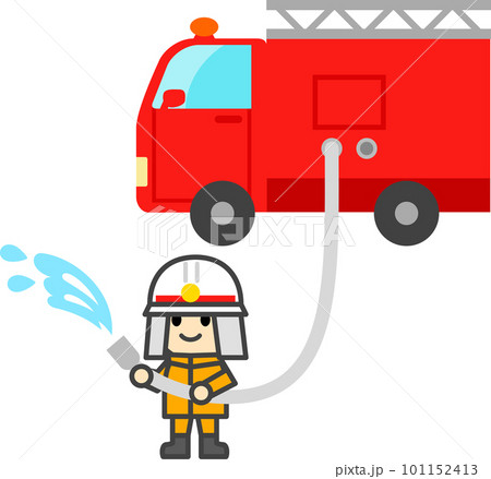 放水する消防士と消防車のデフォルメイラスト 101152413