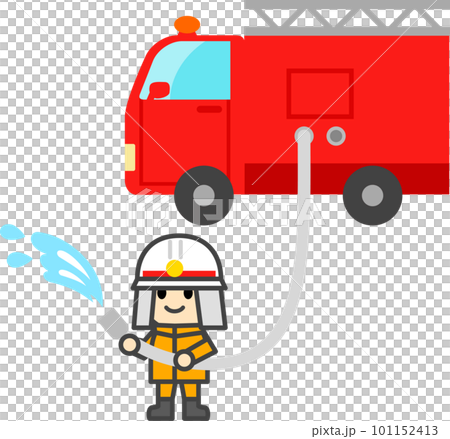 放水する消防士と消防車のデフォルメイラスト 101152413