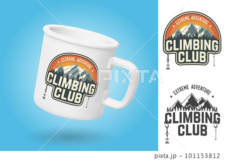White camping cup. Realistic mug mockup template with sample design. Climbing Club badge. Vector. Vintage typography design with carabiners, climbing cams, hexes and mountain silhouette. Extreme 101153812