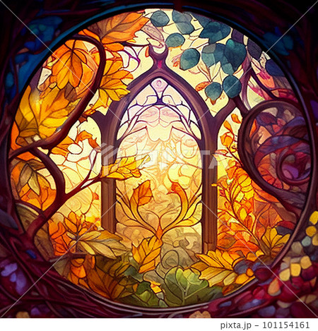 秋イメージのステンドグラス風イラスト AI画像のイラスト素材